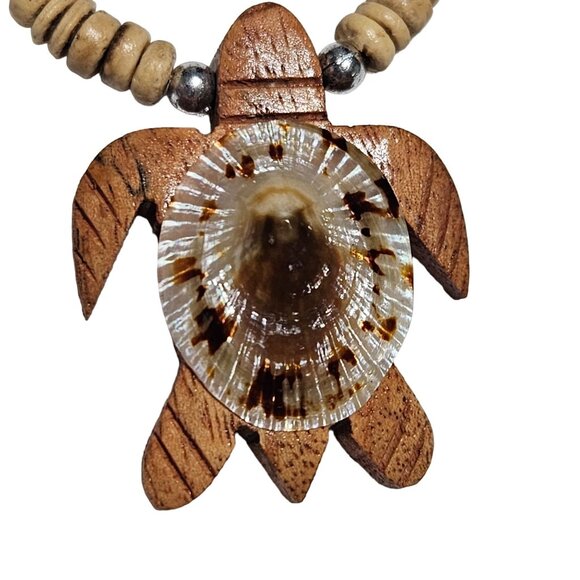 Handmade Wooden Turtle Seashell Pendant Necklace Beaded Chain Hand Carved Beach - Picture 3 of 7